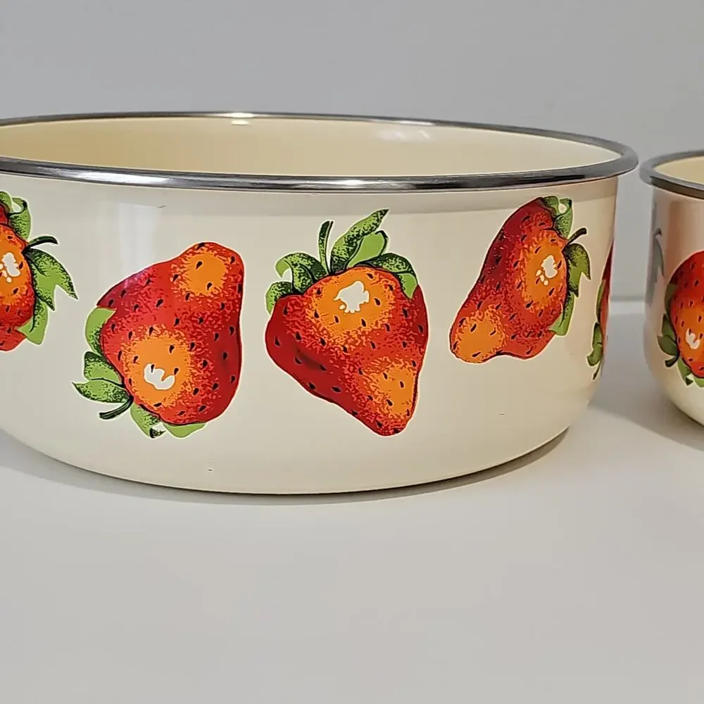 Two Vintage Kobe Enamel Bowls Cream Strawberry Nesting Mixing Cottagecore
